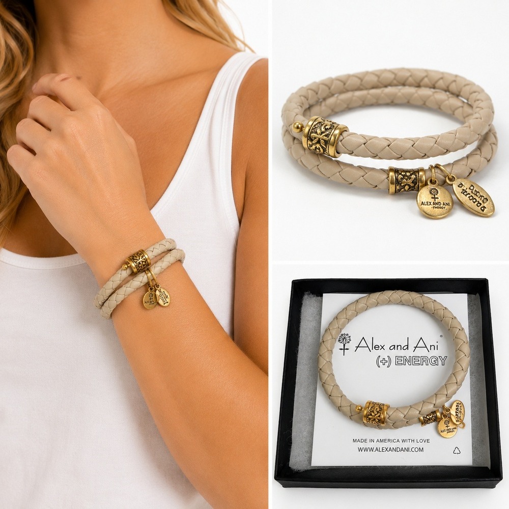 Alex‎ and Ani Road to Romance Wrap Bracelet Gold Braided Leather VTG Womens 66
